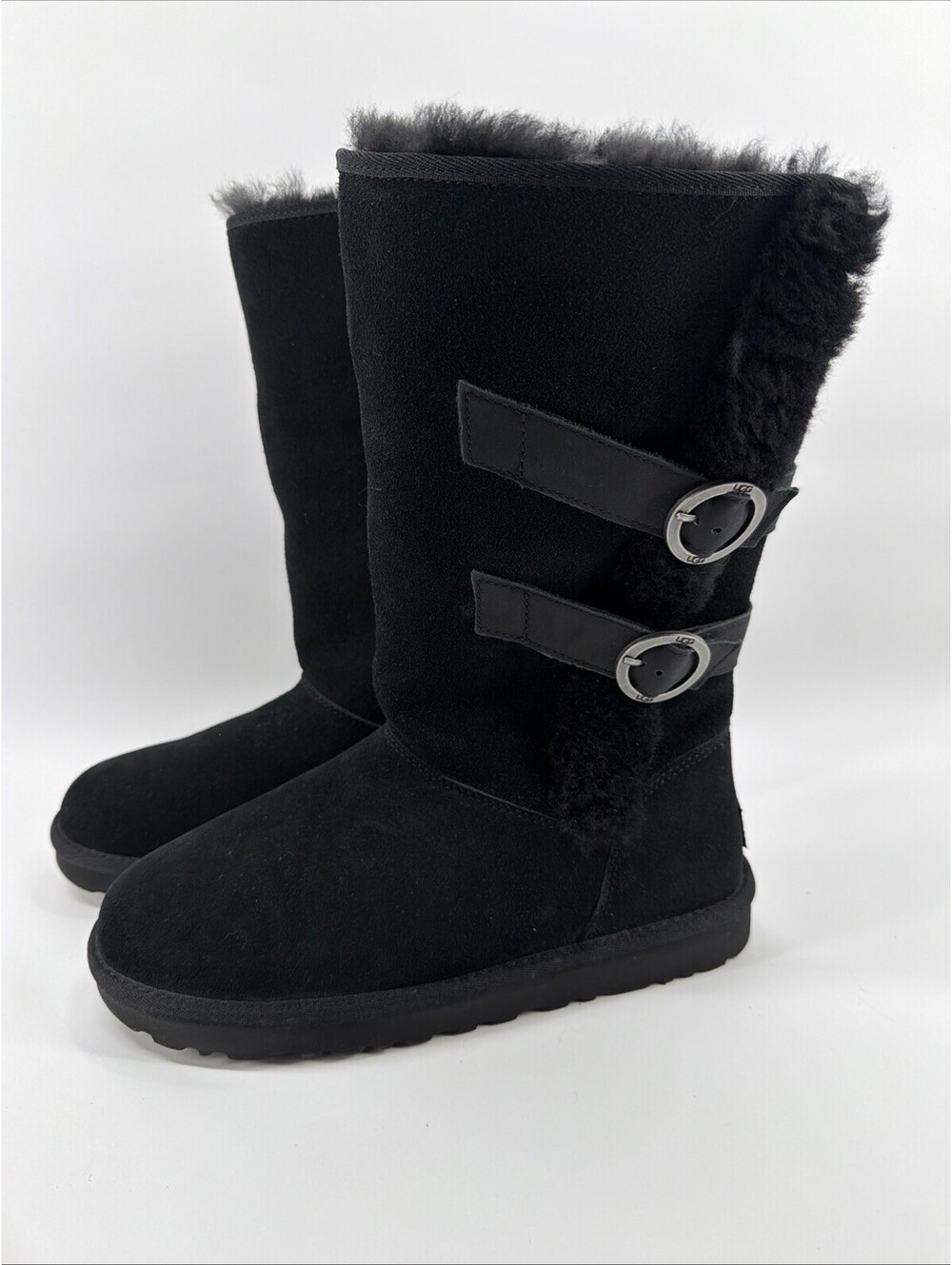 NWT UGG Women's Tall Moto Suede Shearling Lined Buckle Boots Black Sz 8
